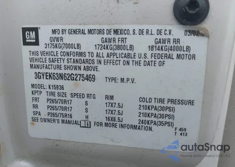 2002 Cadillac Escalade Ext Standard z USA, uszkodzony, nr VIN 3GYEK63N62G275469